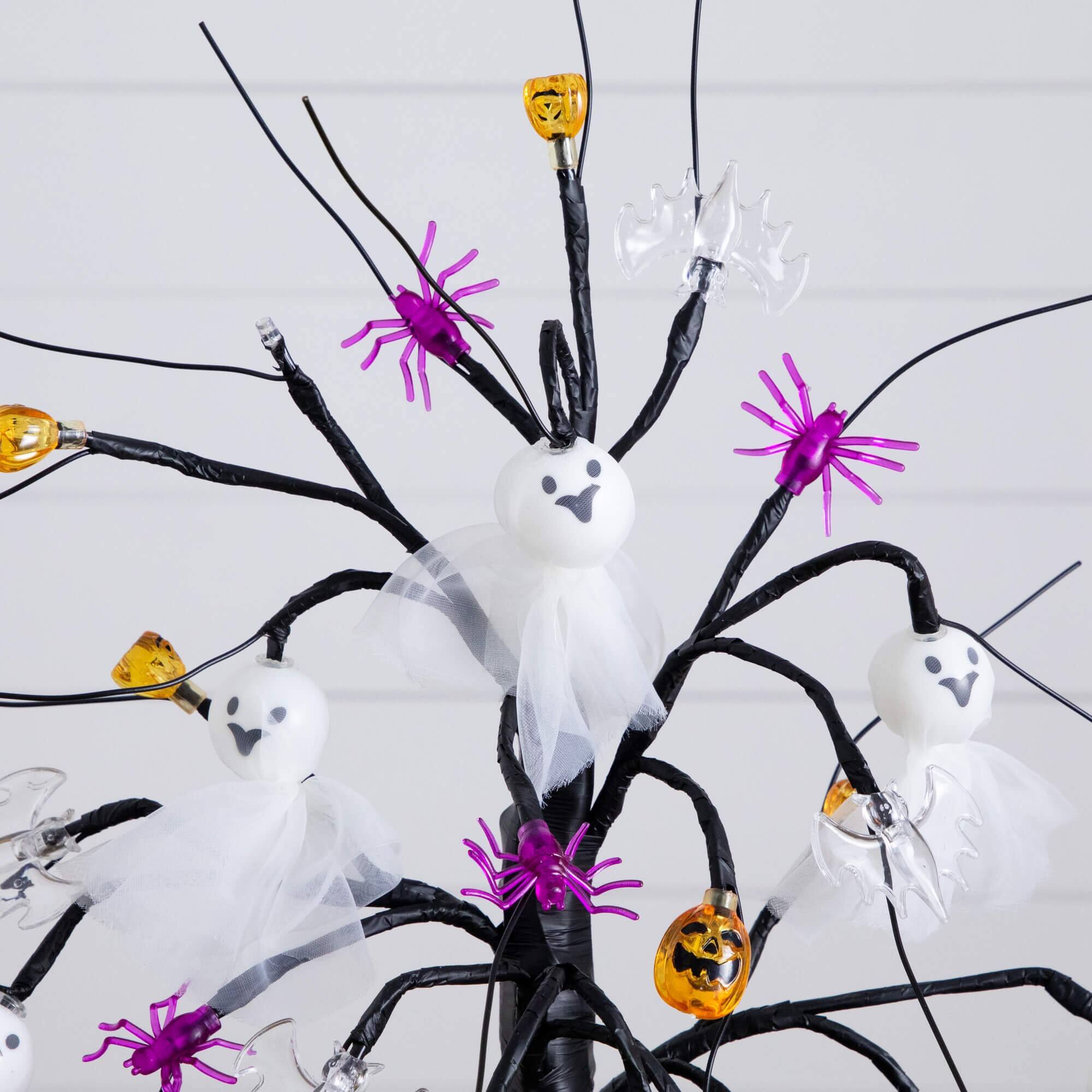 18in. Pre-Lit Artificial Halloween Ghost Dolls, Spiders, Bats & Pumpkins 24 LED Lighted Ornament Tree